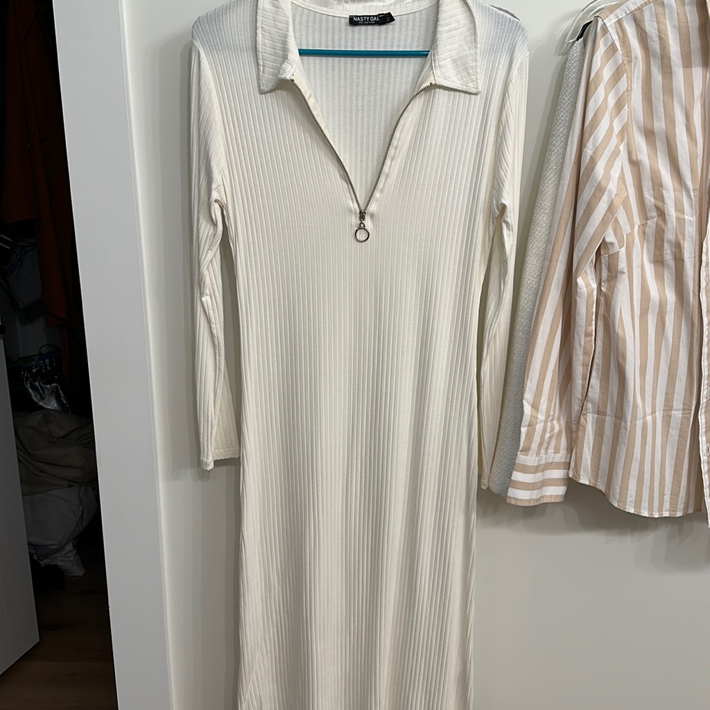 Nasty Gal Zip Up White Long Sleeve Midi Dress